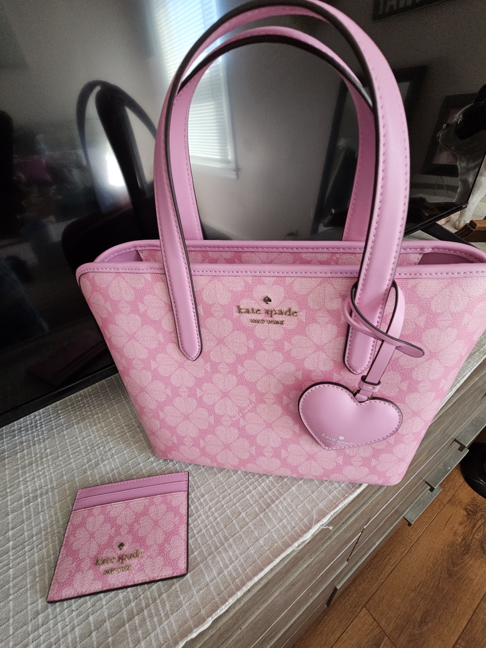 kate spade Parisian Pink Floral Tote Bag with Heart Charm & Card Case